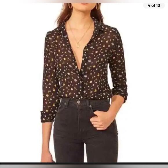 Reformation Violet Black Floral Semi Sheer Long Sleeve Button Up Blouse Small - Picture 3 of 15